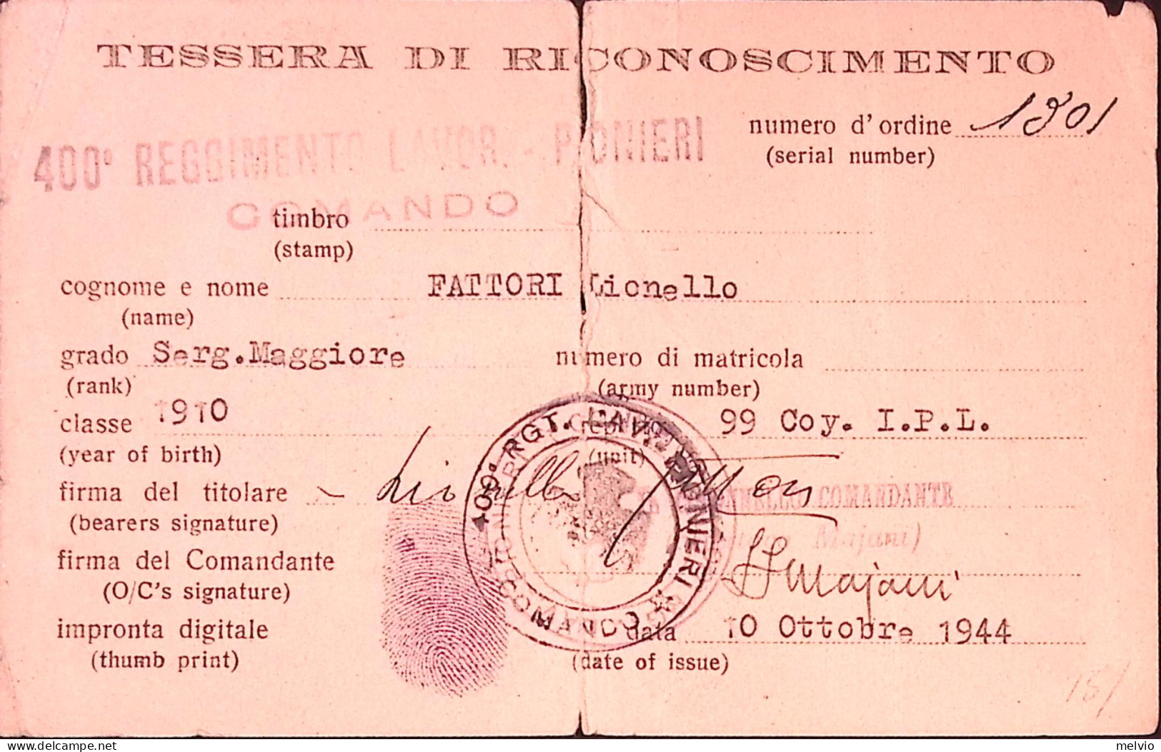 1944-Tessera Riconoscimento Appartenente 99 Coy 400 Rgt. Pionieri Rilasciata 10. - Membership Cards