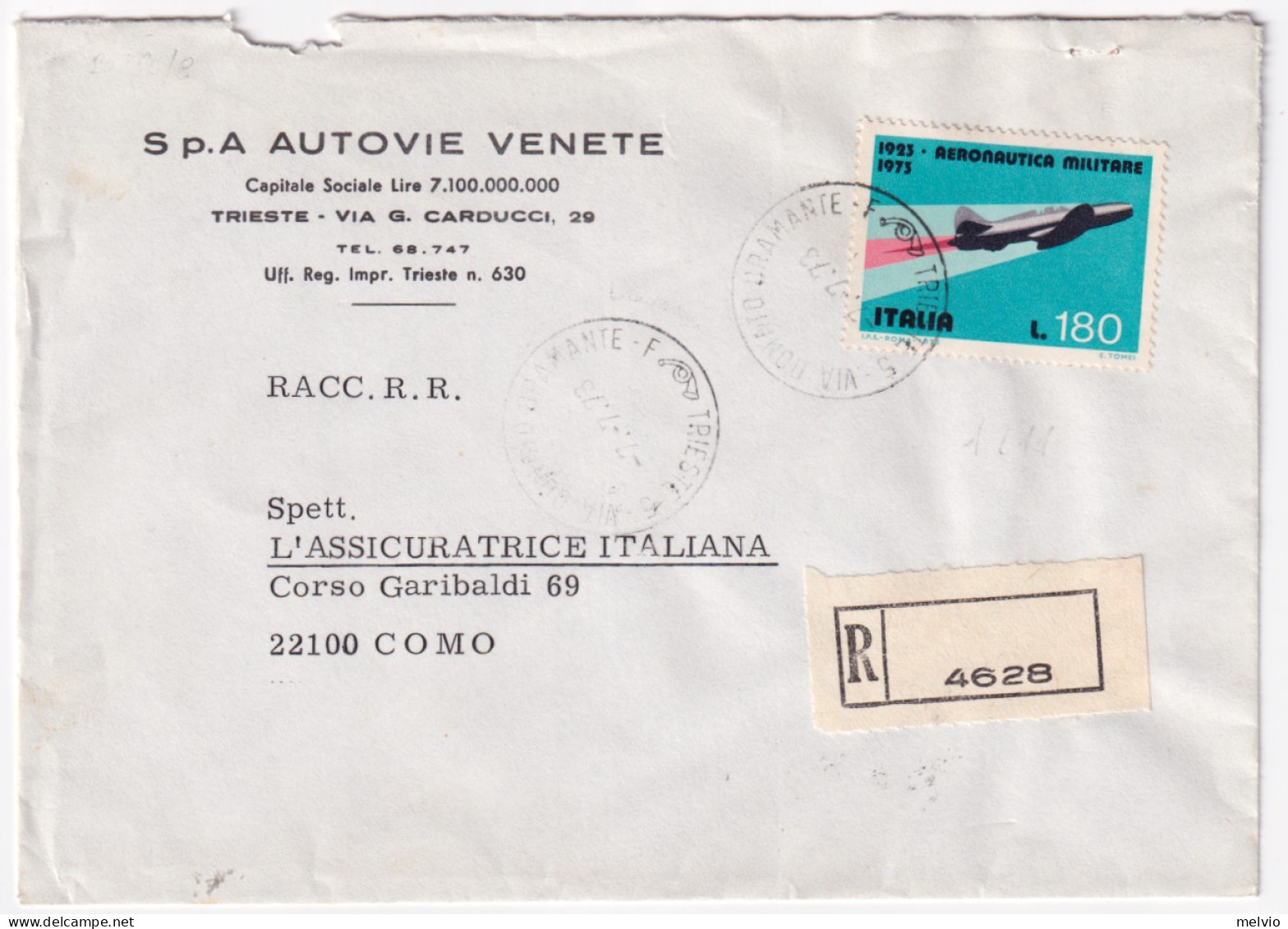 1973-50 AERONAUTICA Lire 180 (1211) Isolato Su Raccomandata Trieste (7.7( - 1971-80: Marcophilie