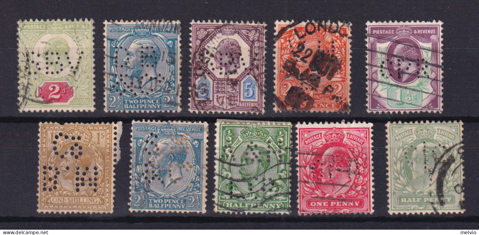 1902-GRAN BRETAGNA 10 Francobolli Usati PERFORATI PERFIN Con Sigle Differenti - Perforés