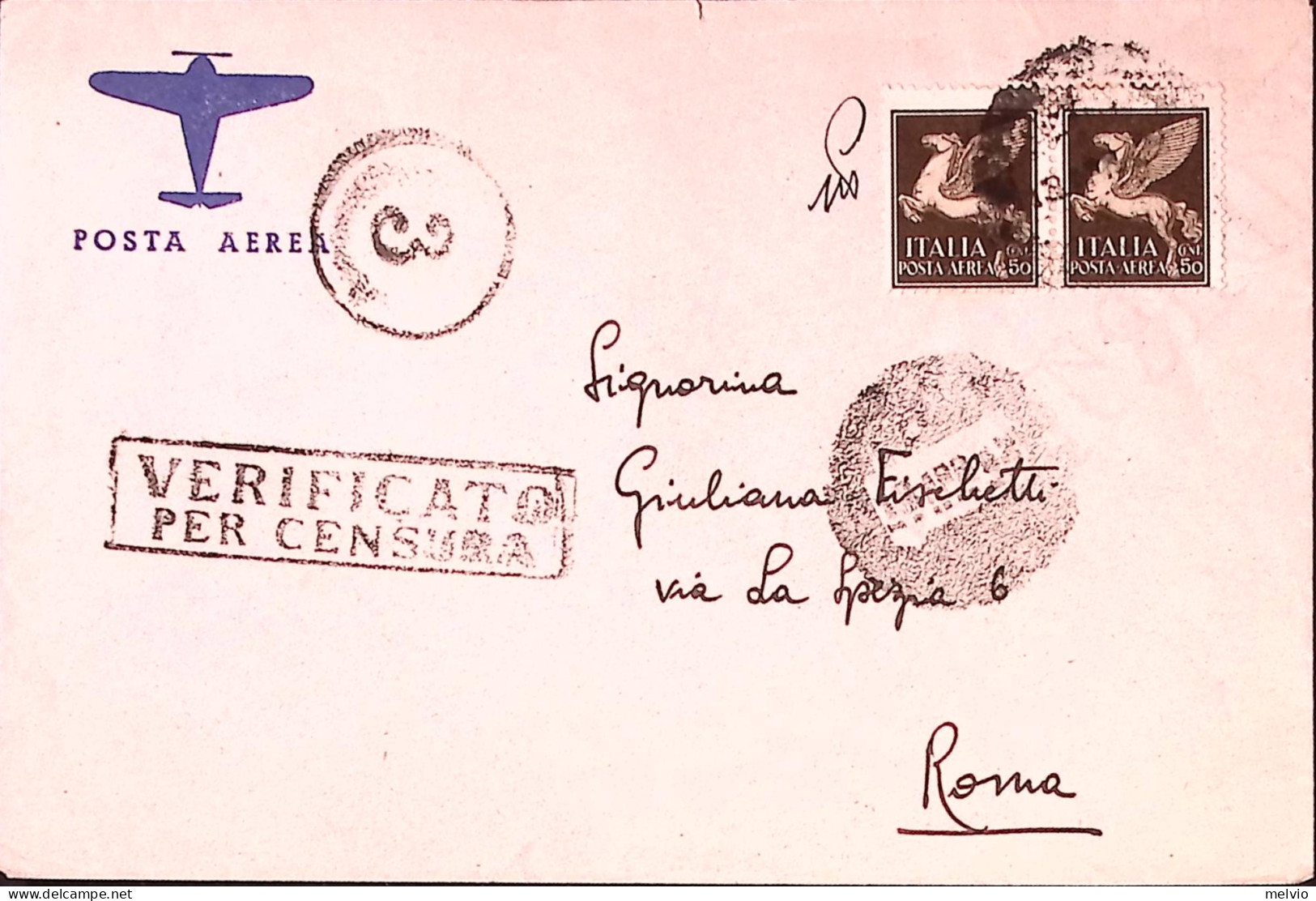 1942-MARIDIFE EGEO B.N. 300 Manoscritto Al Verso Di Busta Via Aerea Annullo MUTO - Egeo