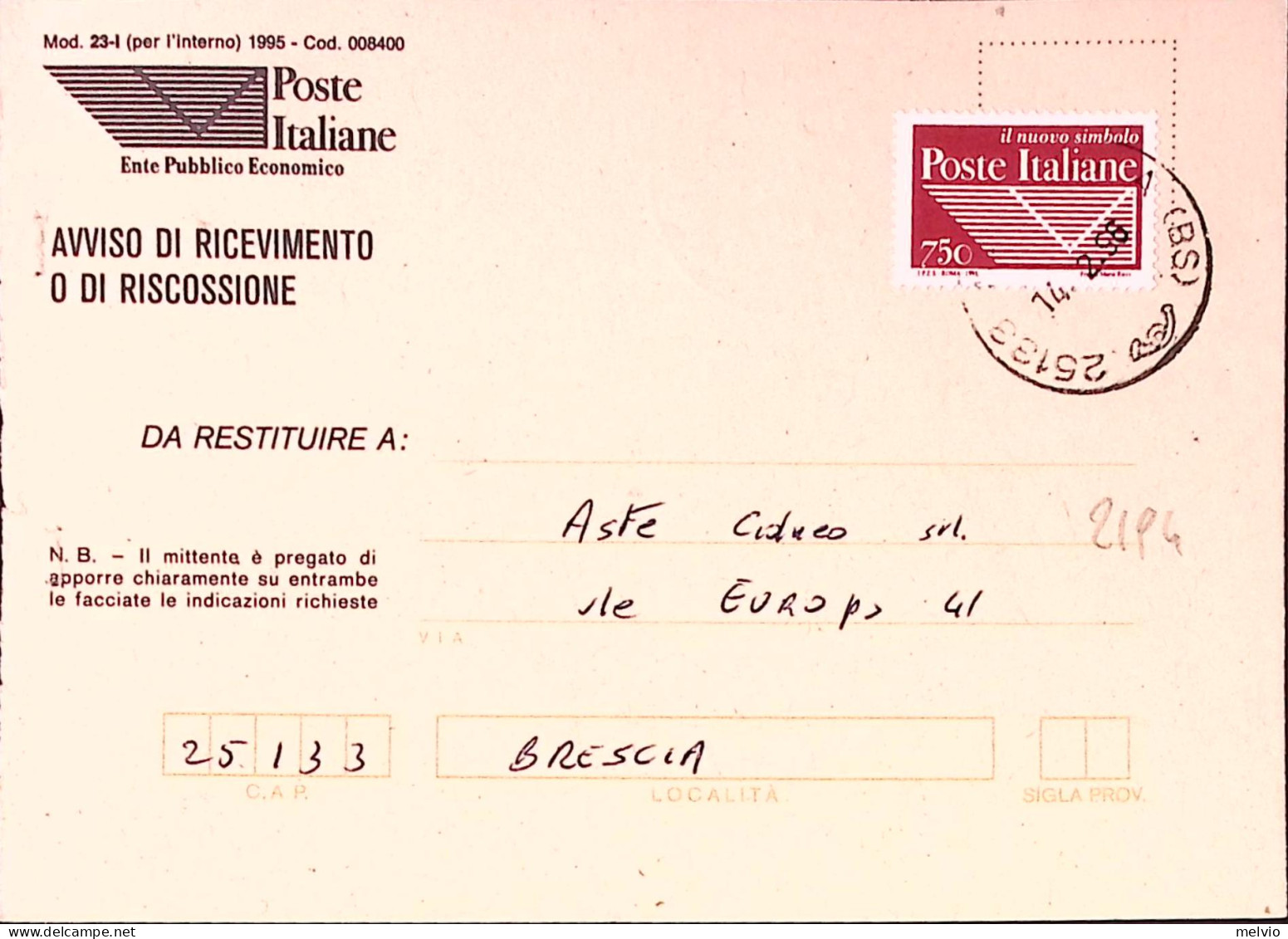 1995-POSTE ITALIANE Lire 750 Isolato Su Avviso Ricevimento - 1991-00: Poststempel