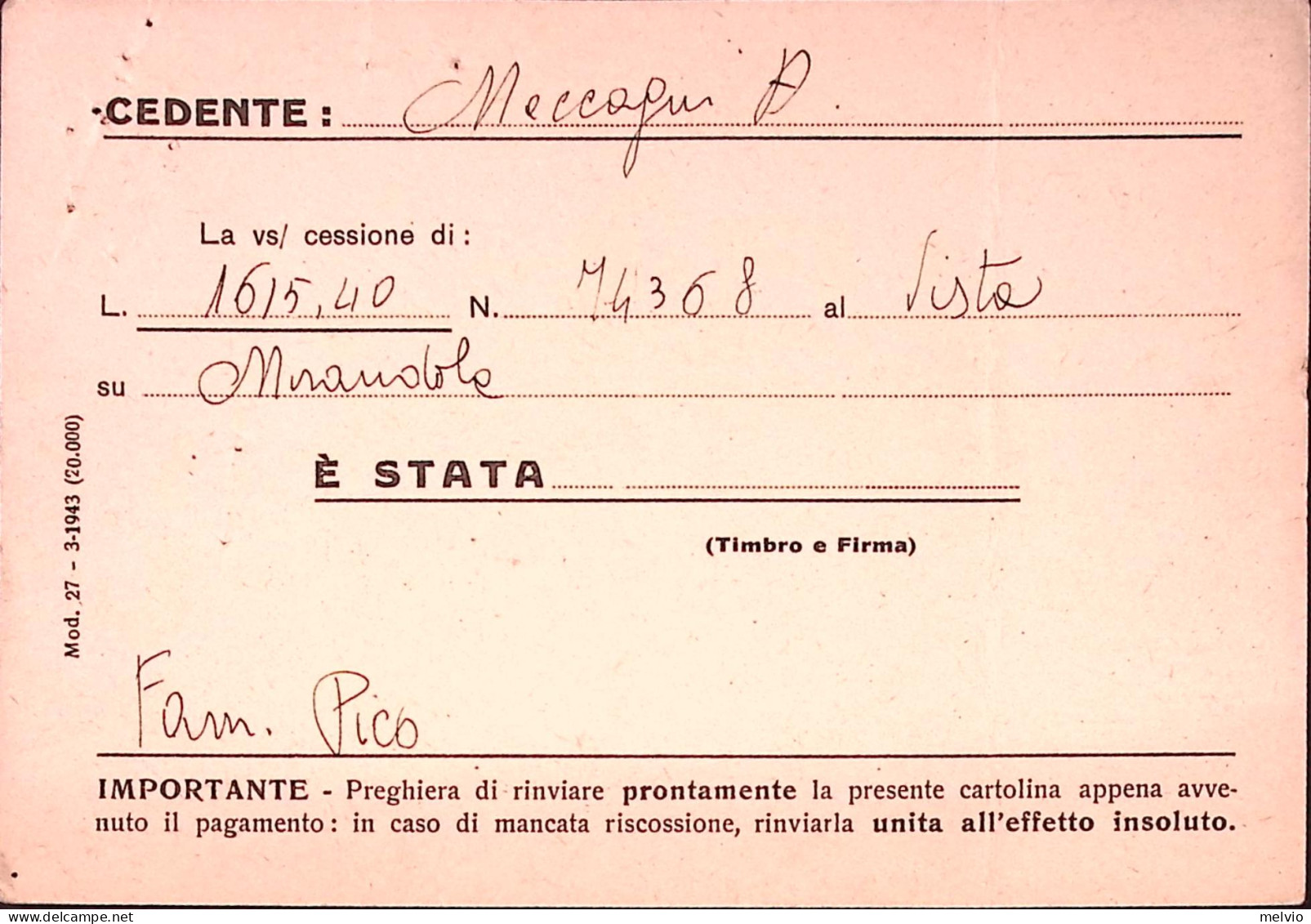 1944-CARTOLINA POSTALE C.30 Sopr. RSI Con Stampa Privata Banca Provinciale Lomba - Stamped Stationery