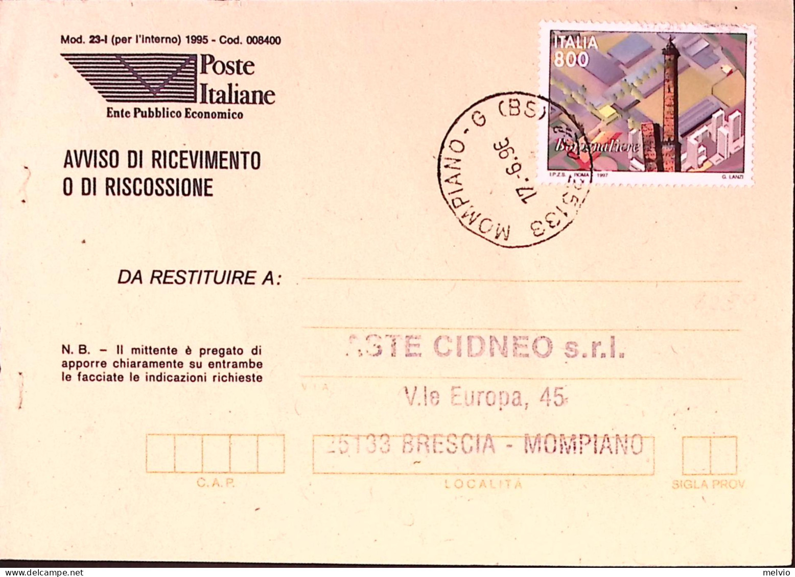 1996-FIERA BOLOGNA (2289) Isolato Su Avviso Ricevimento - 1991-00: Poststempel