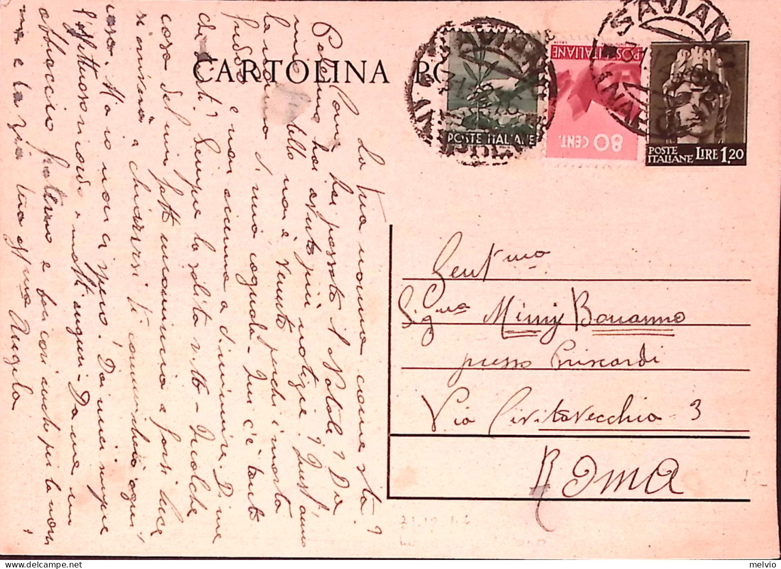 1946-Cartolina Postale Lire 1,20 (C127) Con Aggiunto Democratica. C.80 E Lire 1  - 1946-60: Storia Postale