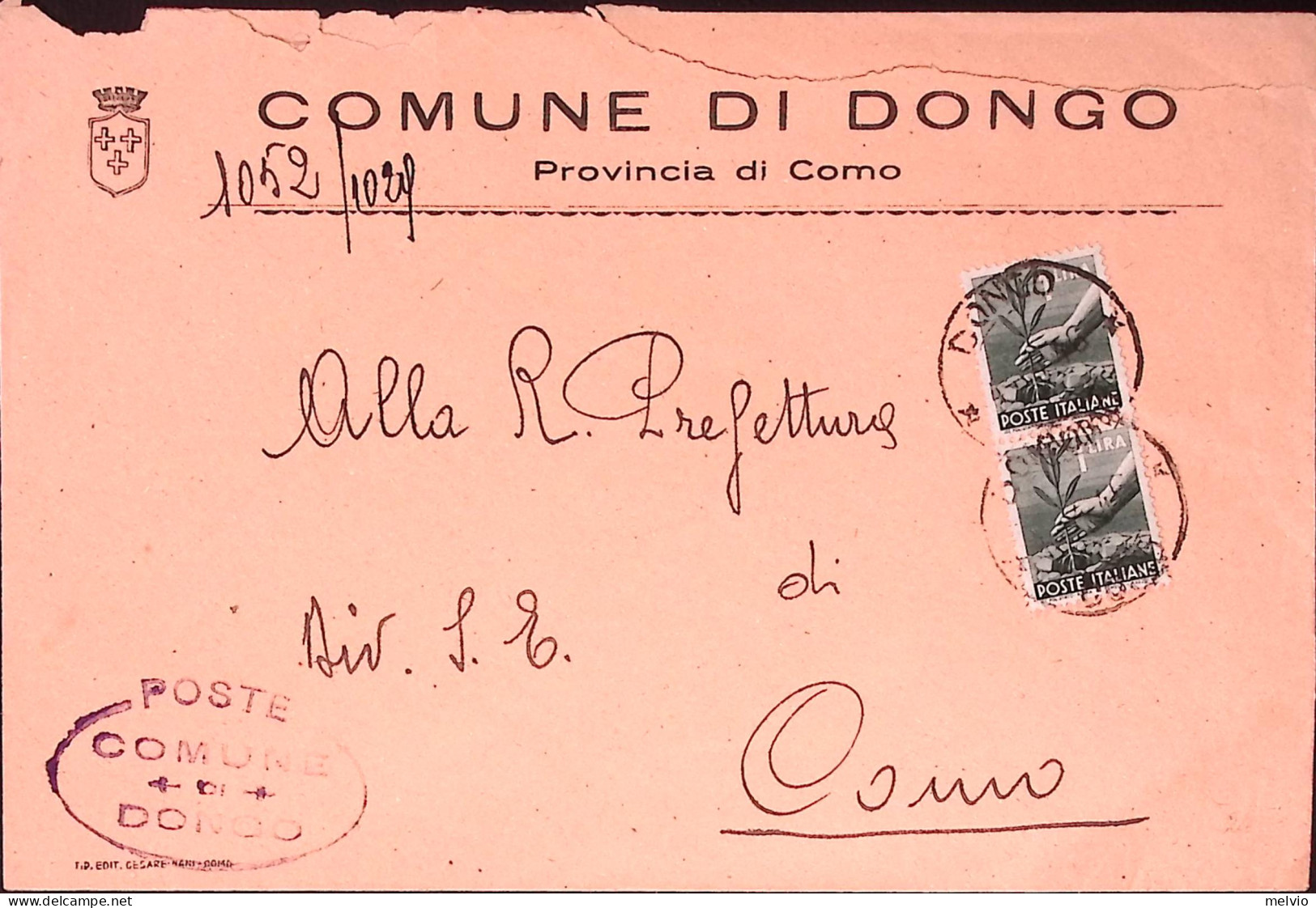 1946-Democratica Coppia Lire 1 (550) Isolato Su Busta Tariffa Ridotta Sindaci Do - 1946-60: Storia Postale