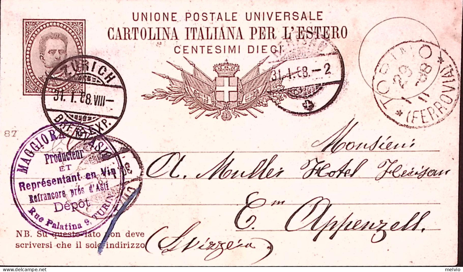 1888-Cartolina Postale C. 10 Mill. 87 (C7/87) Torino (29.1) Per La Svizzera - Postwaardestukken