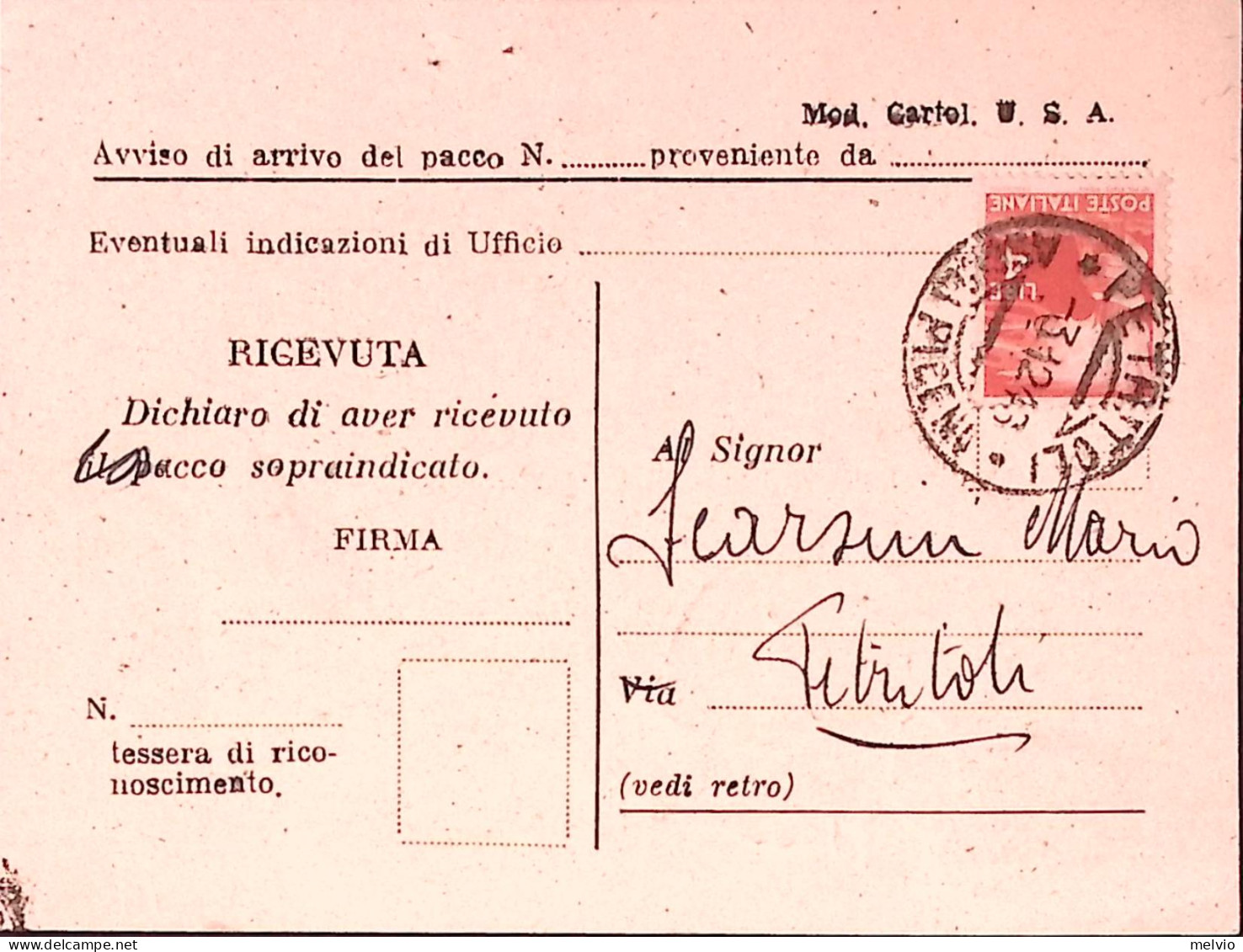 1946-Democratica Lire 4 (554) Isolato Su Avviso Ricevimento - 1946-60: Storia Postale