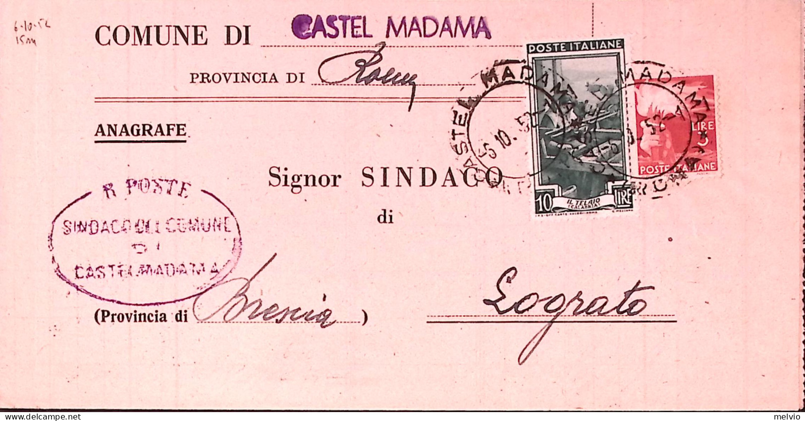 1952-Democratica Lire 3 + Italia Al Lavoro Lire 10 (553+639) Su Piego Castel Mad - 1946-60: Storia Postale