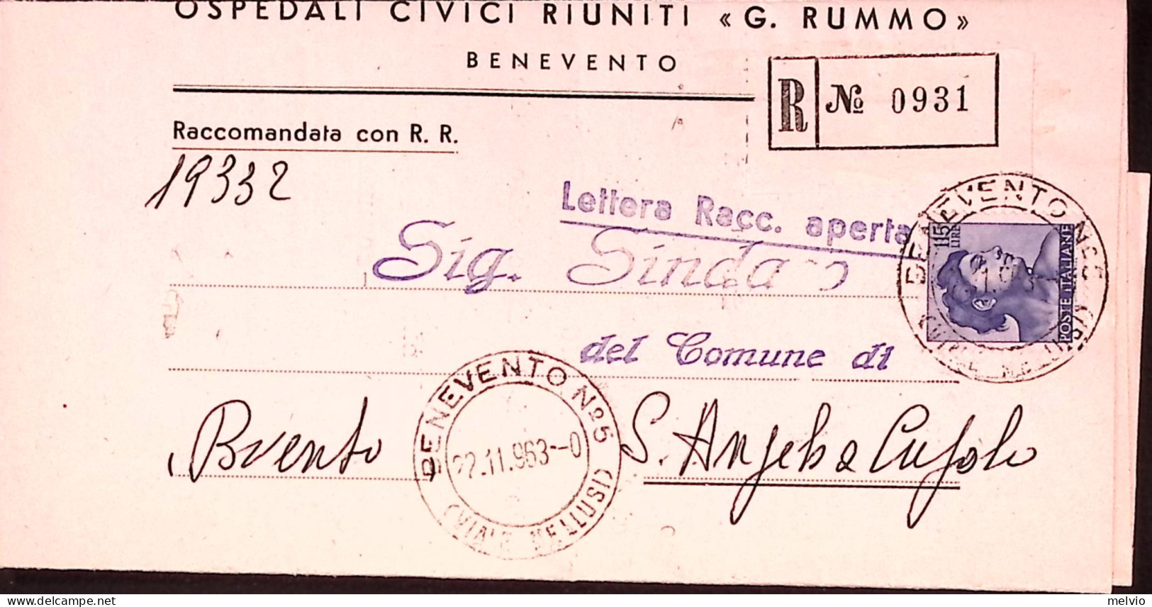 1963-Michelangiolesca Lire 115 Isolato Su Piego Raccomandato Benevento (22.11.63 - 1961-70: Marcofilie