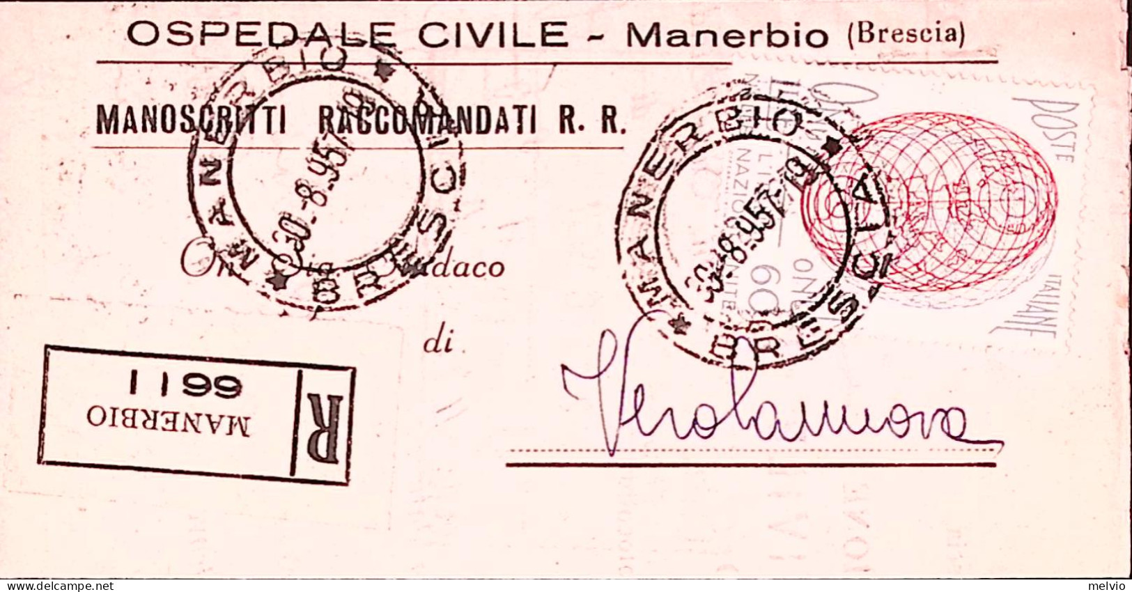 1957-ORGANIZZAZIONE NAZIONI UNITE Lire 60 Isolato Su Piego Raccomandato Manerbio - 1946-60: Marcophilie