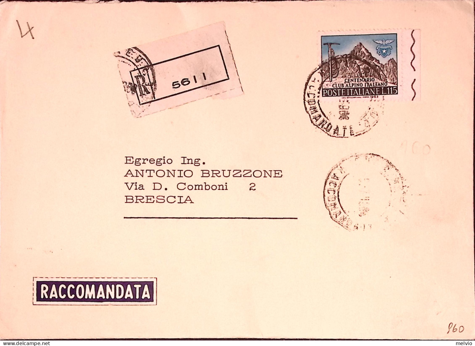 1963-CLUB ALPINO Lire 115 Isolato Su Raccomandata Roma - 1961-70: Poststempel