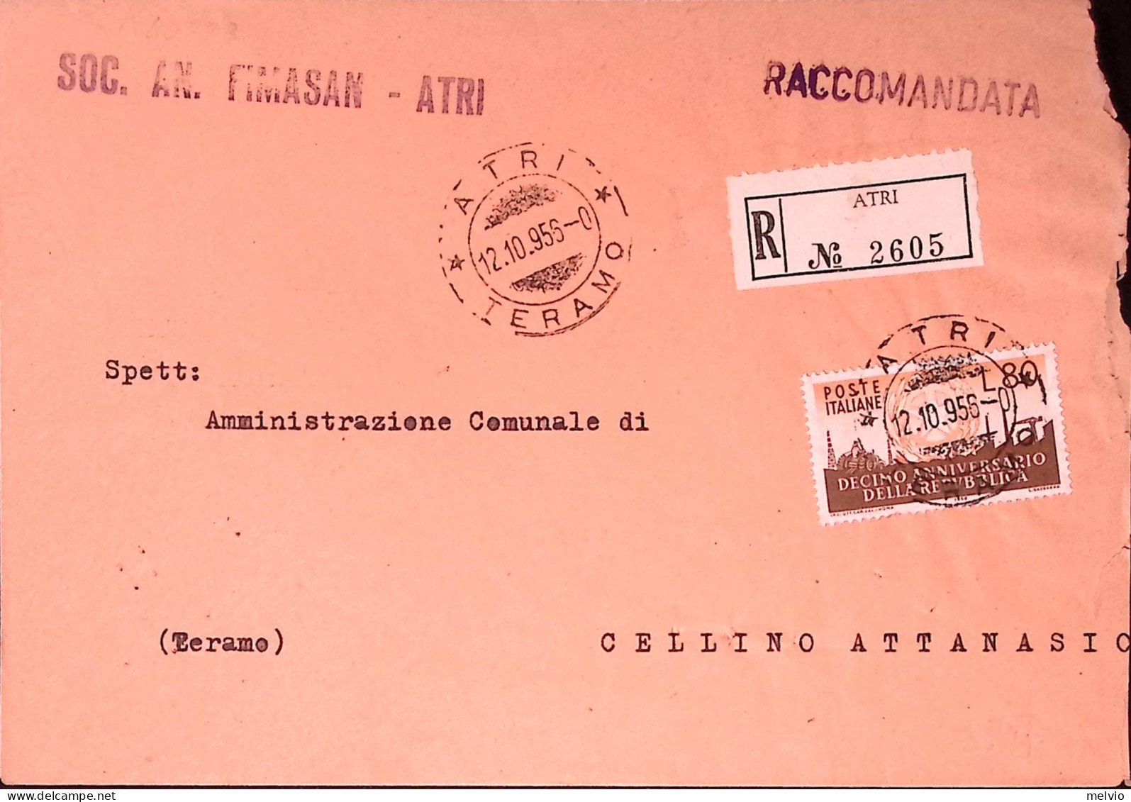 1956-X REPUBBLICA Lire 80 Isolato Su Busta Rossa Raccomandata Atri (12.10.56) - 1946-60: Marcophilie