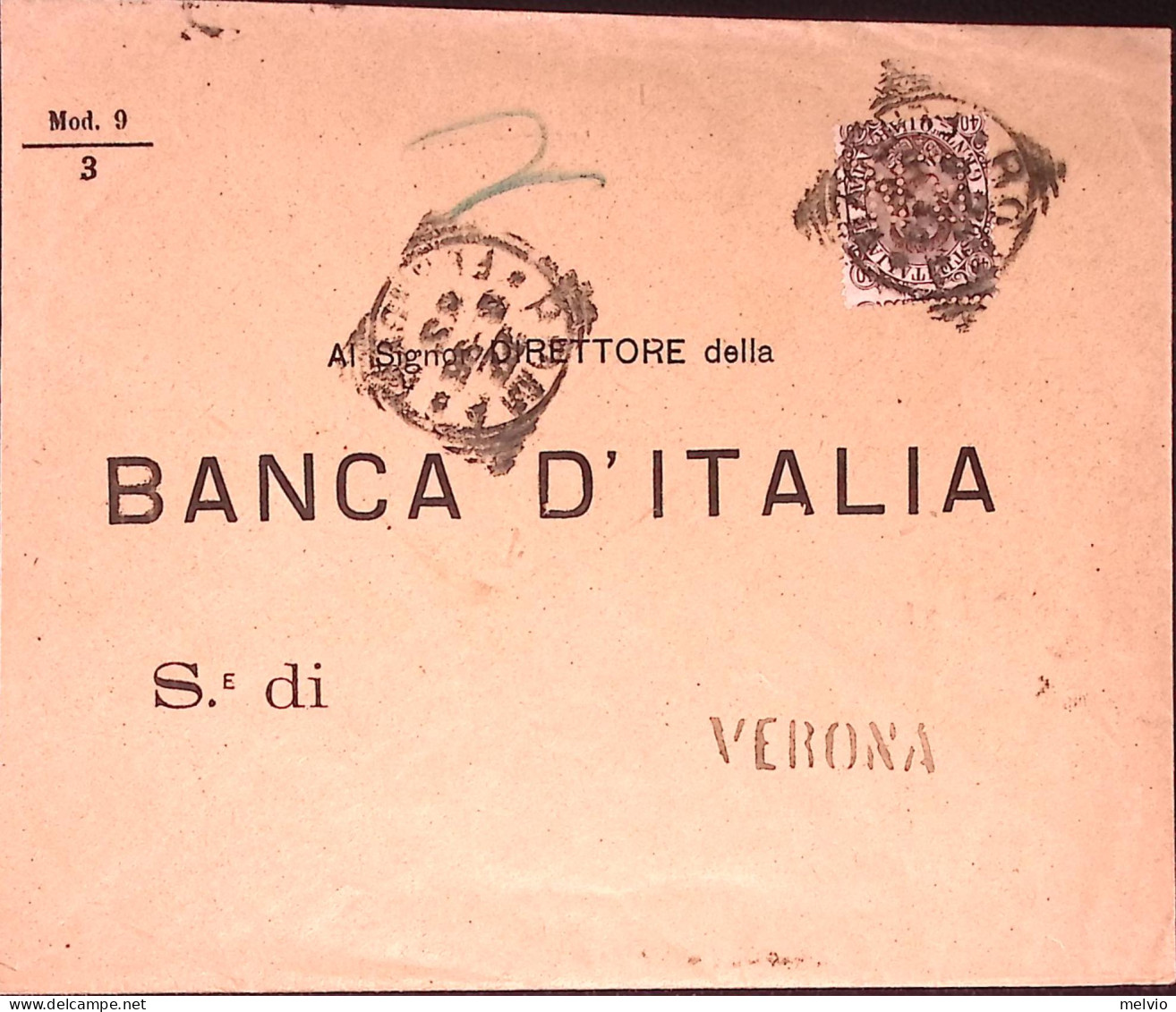 1896-PERFORATI Effigie C.40 Perfin B.N. (Banca Nazionale) Su Busta Roma (22.6) - Poststempel