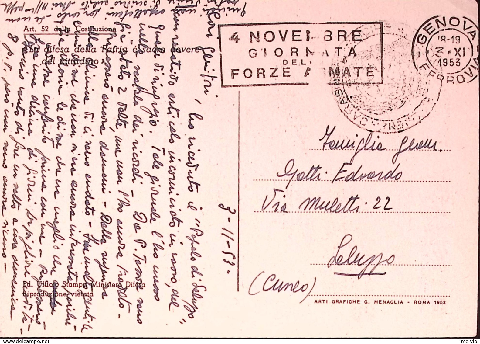 1953-GIORNATA FORZE ARMATE Cartolina Franchigia Viaggiata Genova (3.11) Tondo Te - Storia Postale