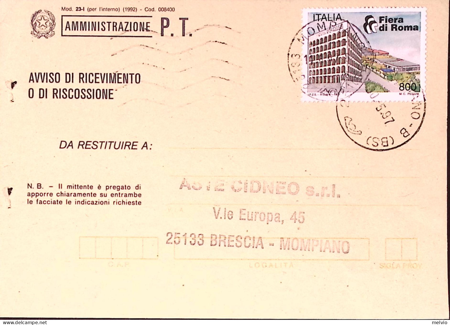 1997-FIERA ROMA Lire 800 Isolato Su Avviso Ricevimento - 1991-00: Marcofilia