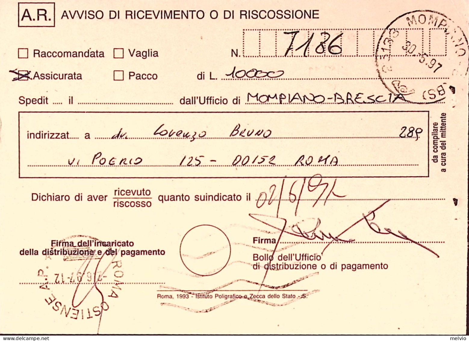 1997-FIERA ROMA Lire 800 Isolato Su Avviso Ricevimento - 1991-00: Poststempel