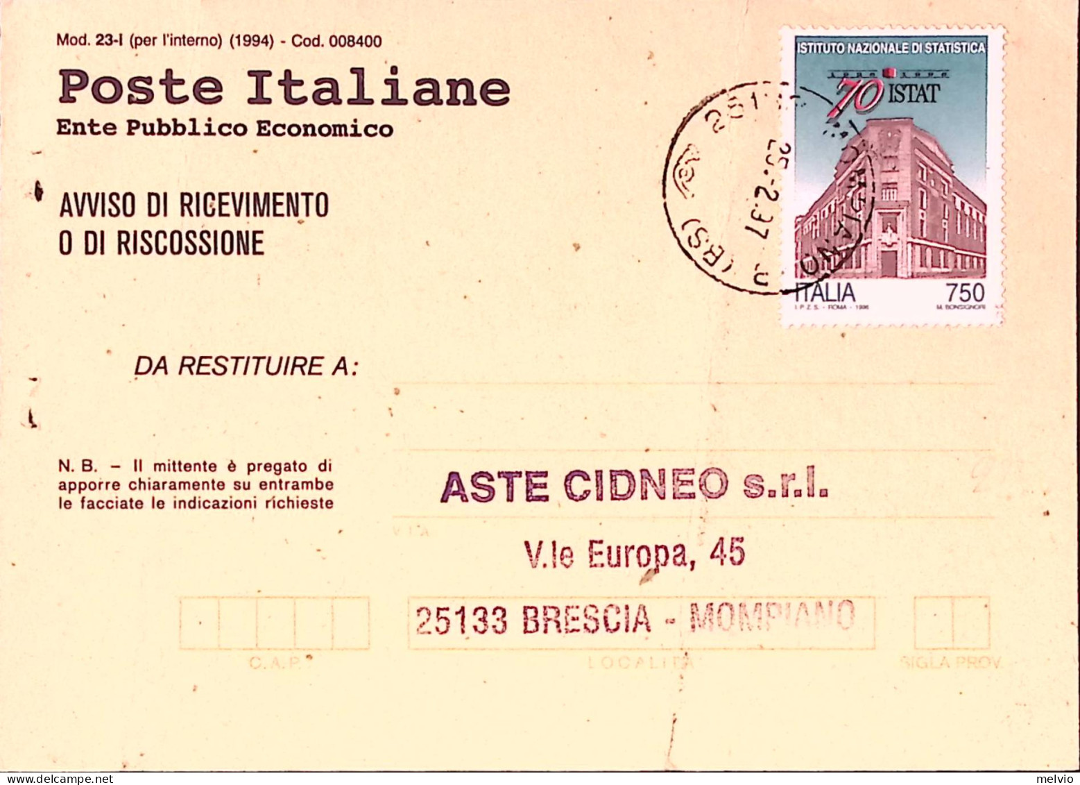 1997-ISTITUTO NAZIONALE STATISTICA Lire 750 Isolato Su Avviso Ricevimento - 1991-00: Storia Postale