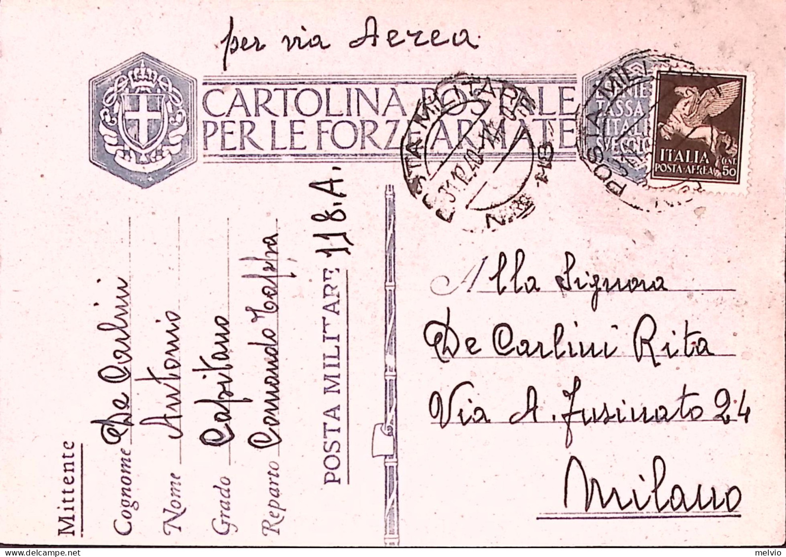 1940-Posta Militare/Nro 118 C.2 (31.12) Su Cart. Franchigia Via Aerea - Storia Postale