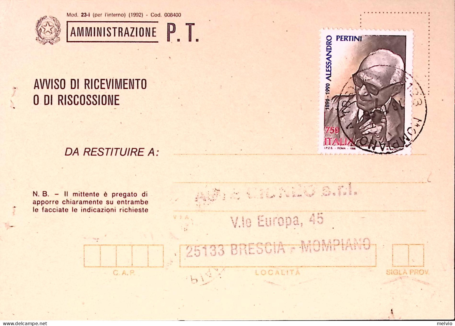 1997-SANDRO PERTINI Lire 750 Isolato Su Avviso Ricevimento - 1991-00: Poststempel