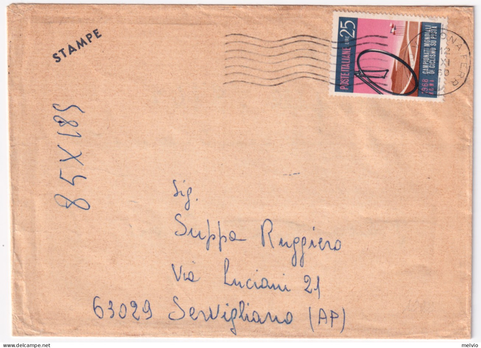 1969-CAMPIONATI MONDIALI CICLISMO PISTA Lire 25 (1092) Isolato Su Stampe - 1961-70: Marcofilie