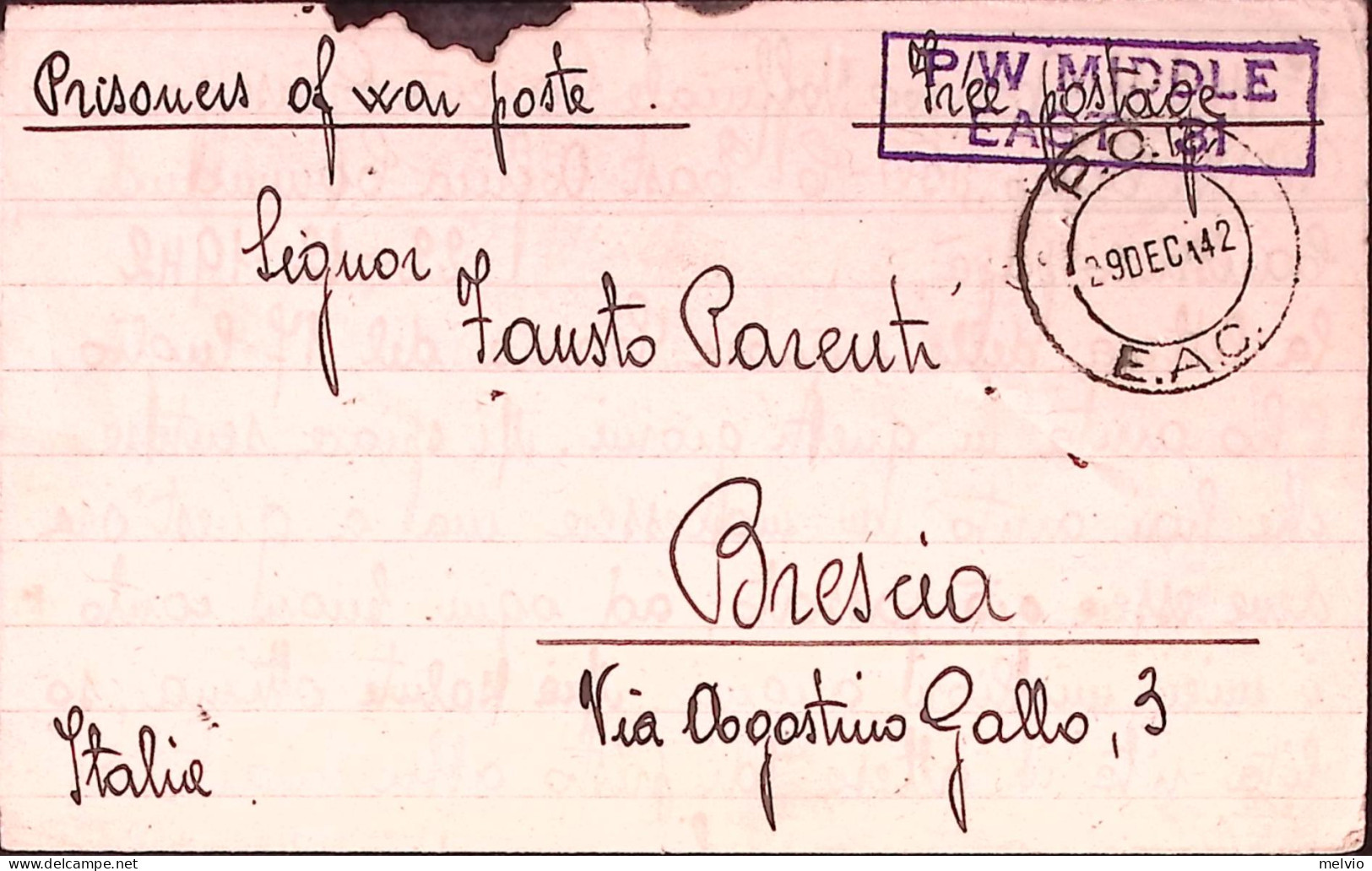 1942-P.O.W. E.A.C. 29.12.42 Su BF Da Italiano Prigioniero In AFRICA Manoscr. Cam - Storia Postale