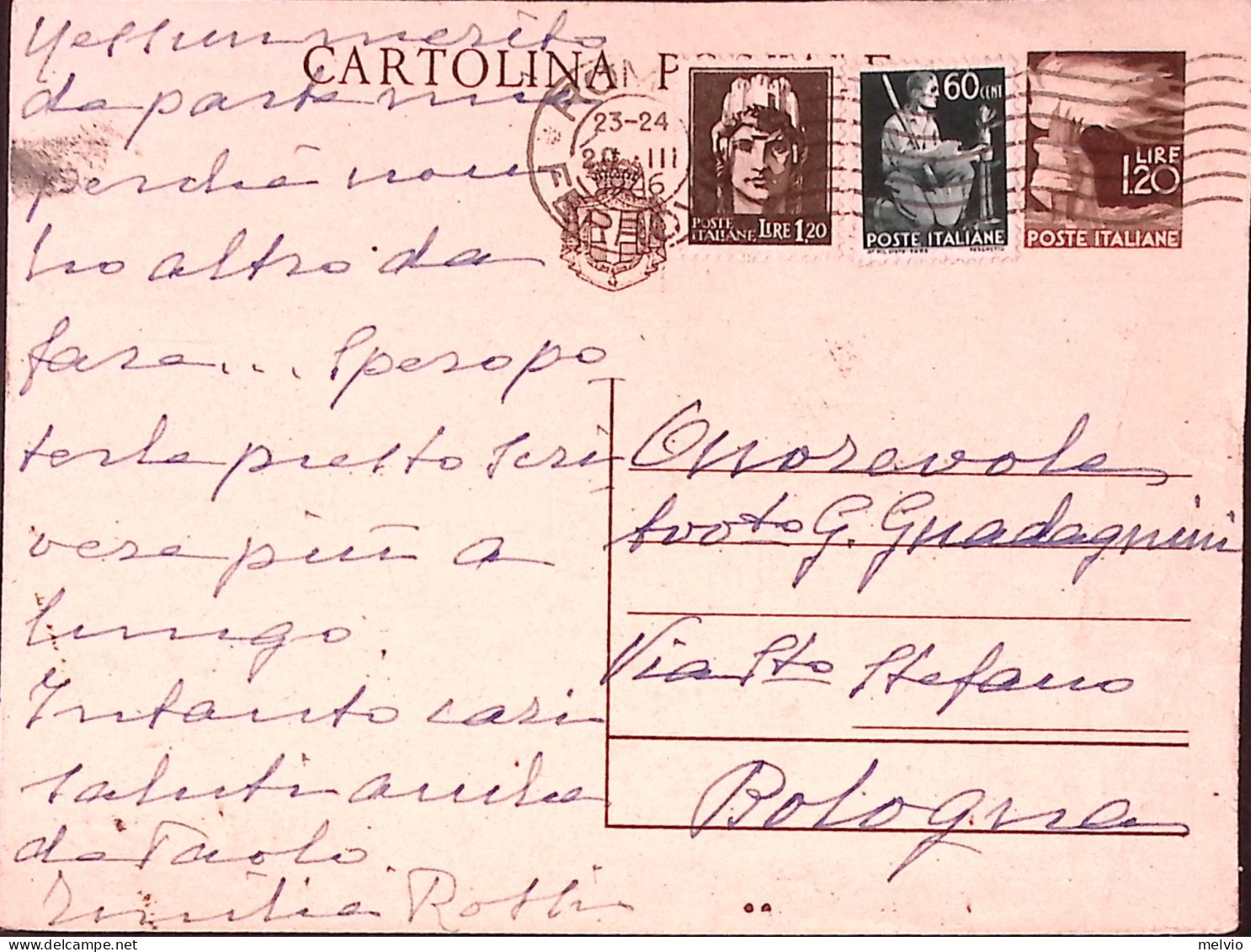 1946-Cartolina Postale Lire 1,20 Con Fr.lli Aggiunti Roma (20.3.46) - 1946-60: Storia Postale
