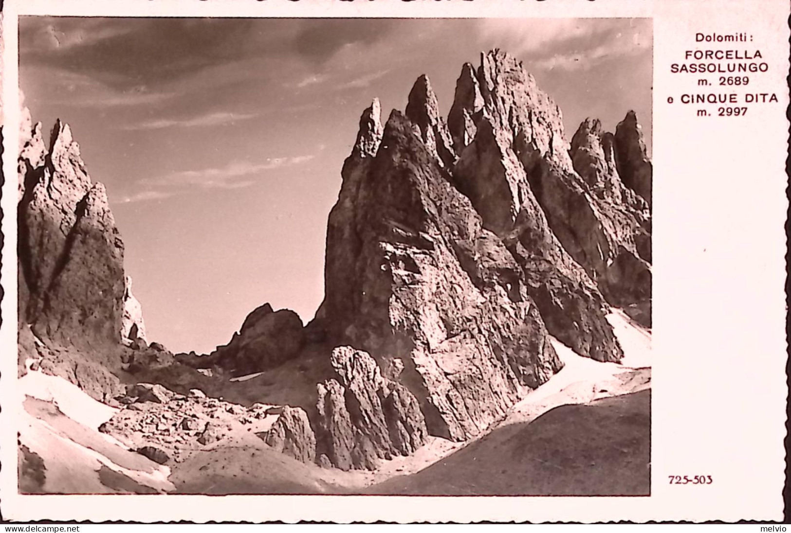 1945-Monumenti Striscia Quattro C.20 Su Cartolina (Dolomiti Forcella Sassolungo  - Marcophilia