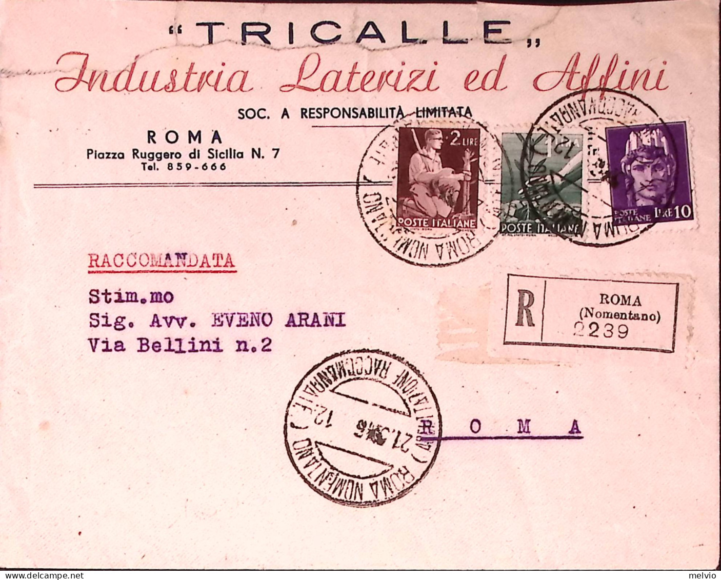 1946-Imperiale Senza Fasci Lire 10 + Democratica Lire 1 E 2 Su Raccomandata Roma - 1946-60: Marcophilie