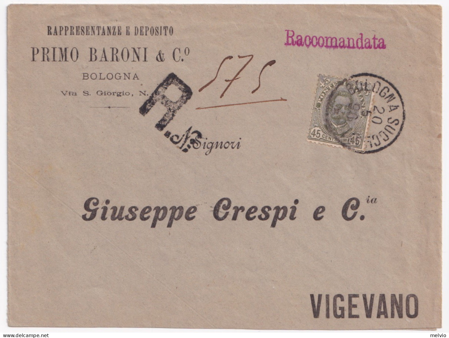 1896-effigie C.45 (63) Isolato Su Raccomandata Bologna (20.5) - Poststempel