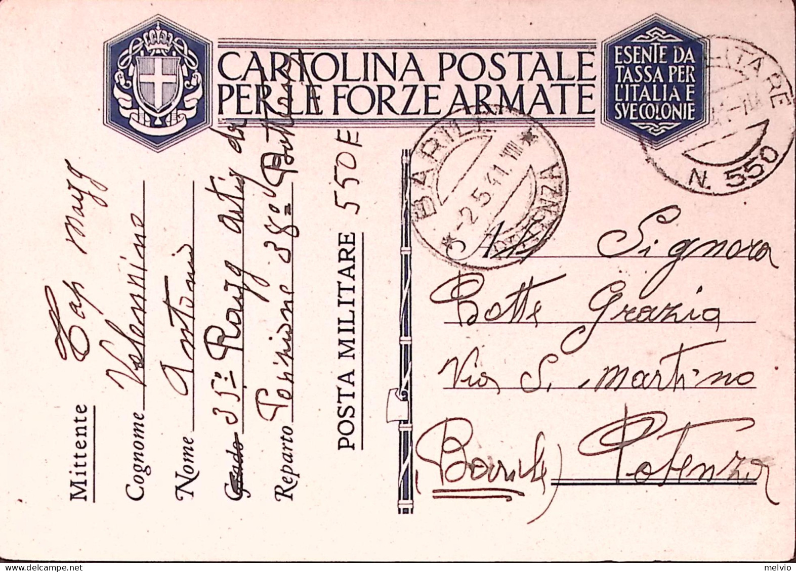 1941-Posta Militare/n. 550 C.2 (30.4) Su Cartolina Franchigia - Storia Postale