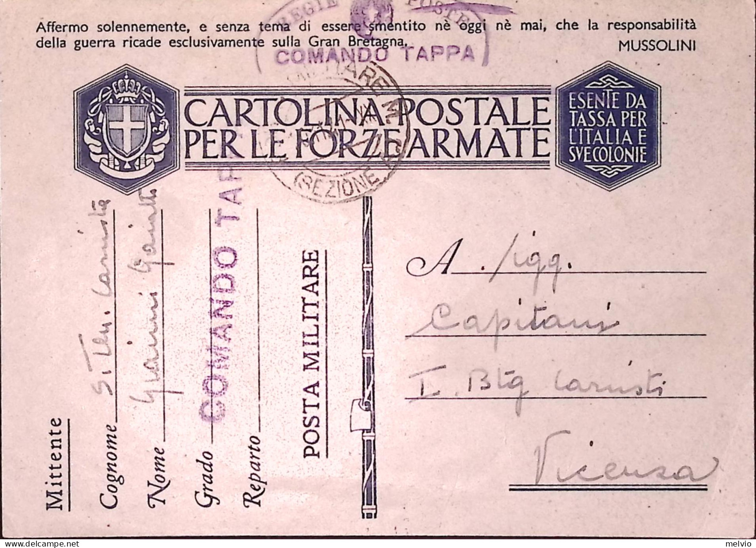 1941-Posta Militare M/(SEZIONE A) C.2 (17.11) Su Cartolina Franchigia Manoscritt - Storia Postale