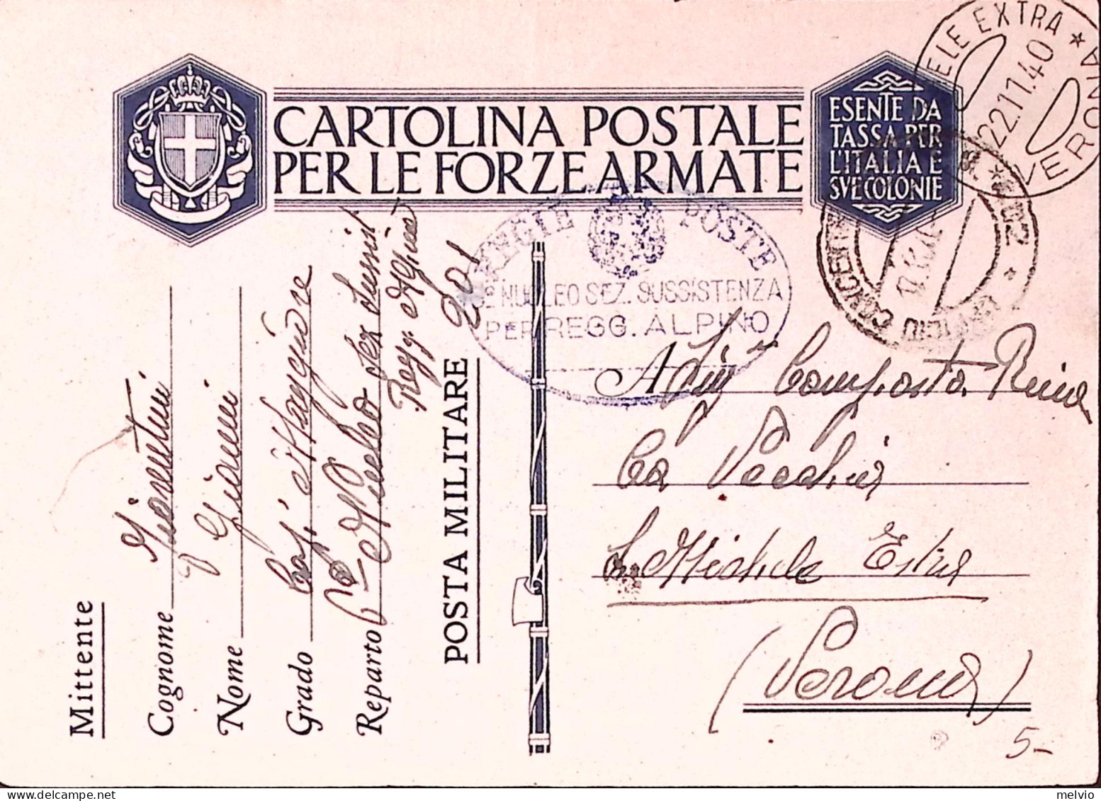 1940-NUCLEO SUSSISTENZA REGGIMENTO ALPINO Ovale E Manoscritto Su Cartolina Franc - Marcophilie