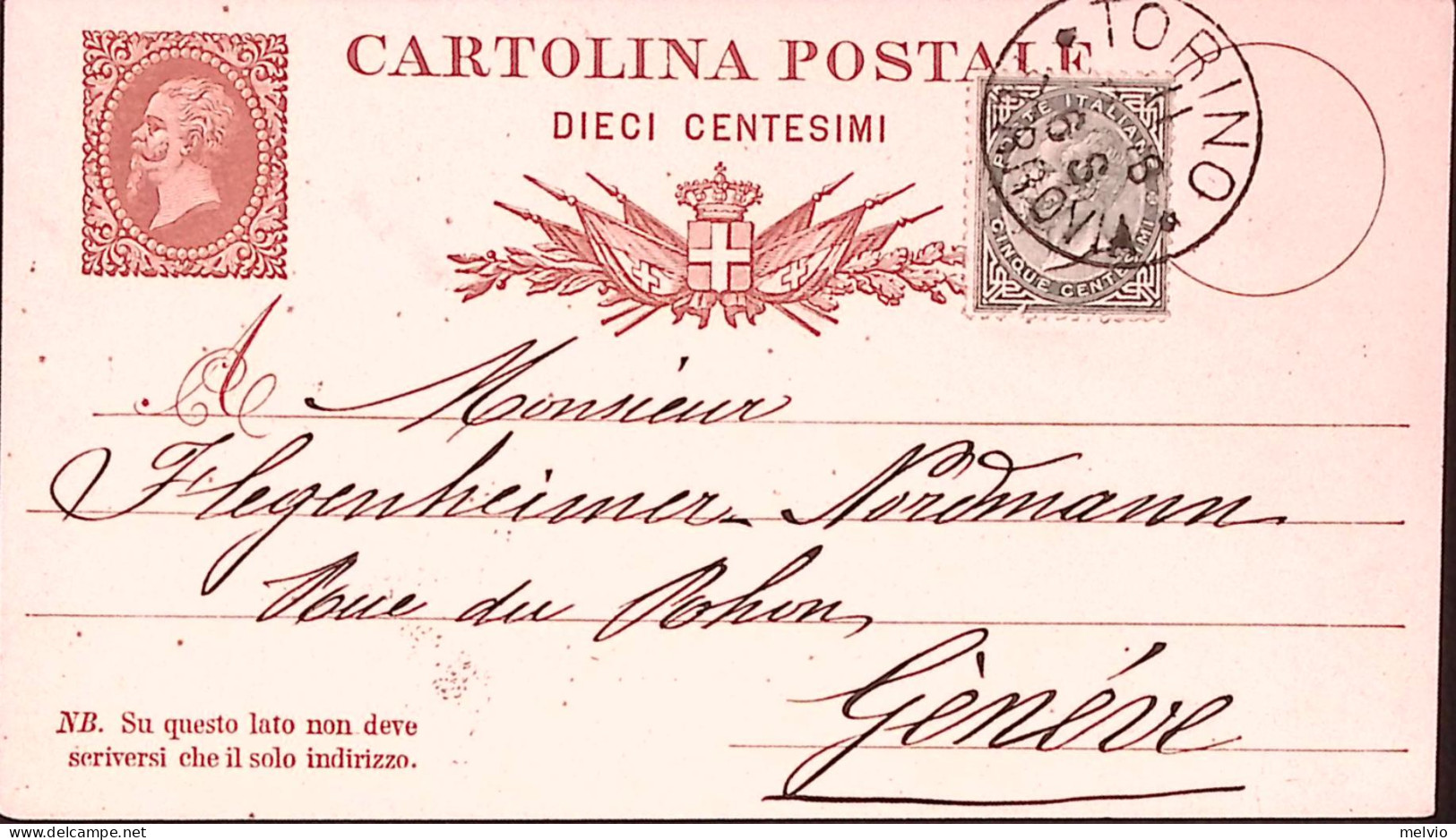 1878-Cartolina Postale C.10 (C4) + Effigie C.5 (18) Torino (11.10) Per La Svizze - Interi Postali