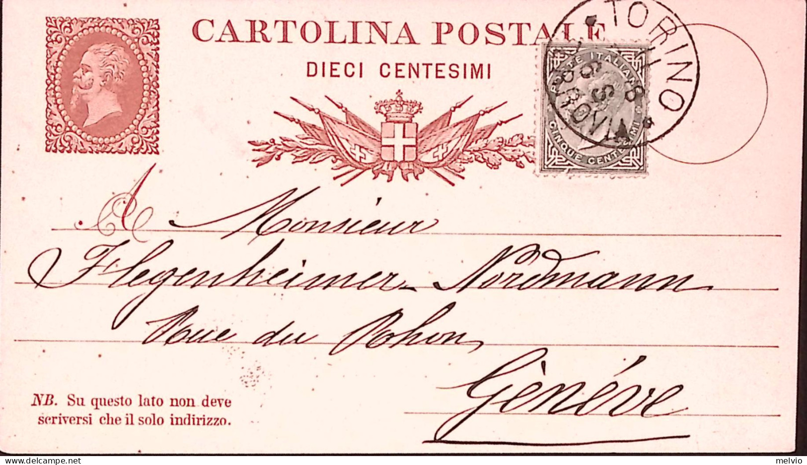 1878-Cartolina Postale C.10 (C4) + Effigie C.5 (18) Torino (11.10) Per La Svizze - Stamped Stationery