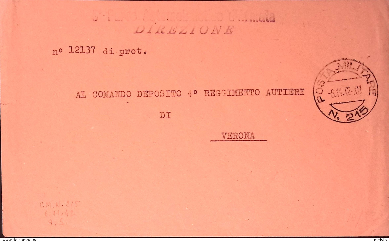 1942-Posta Militare/n. 215 C.2 (6.11) Su Busta Rossa Di Servizio - Poststempel