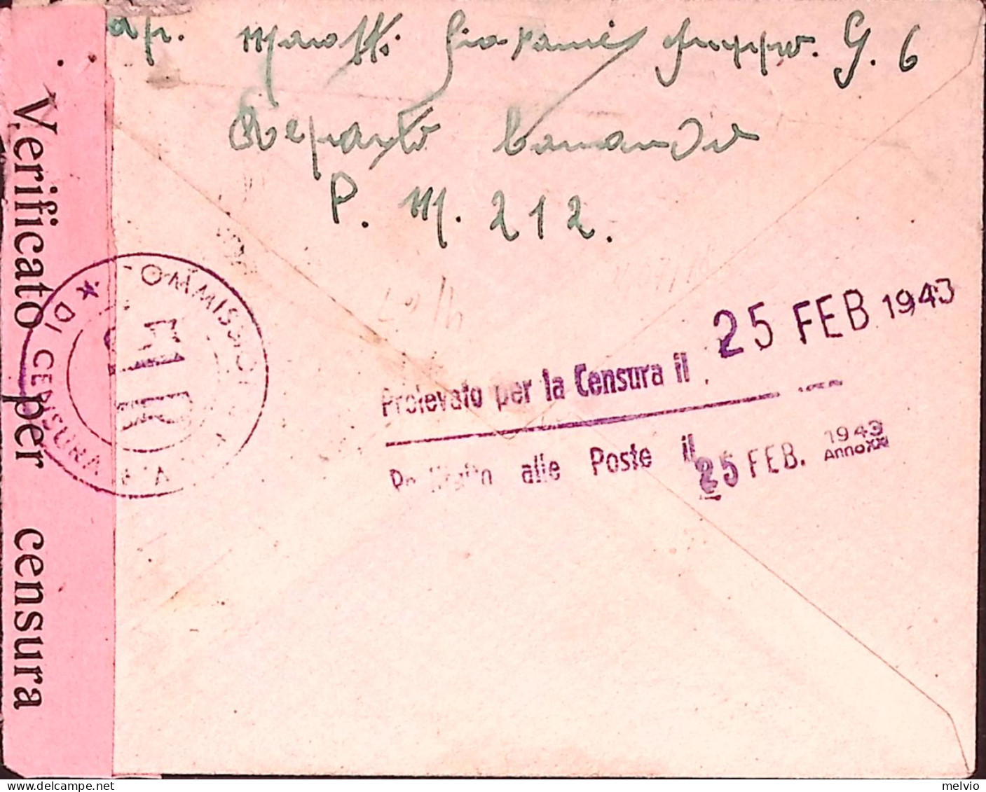 1943-Posta Militare/n. 212 C.2 (18.2.43) Su Busta - Marcophilie