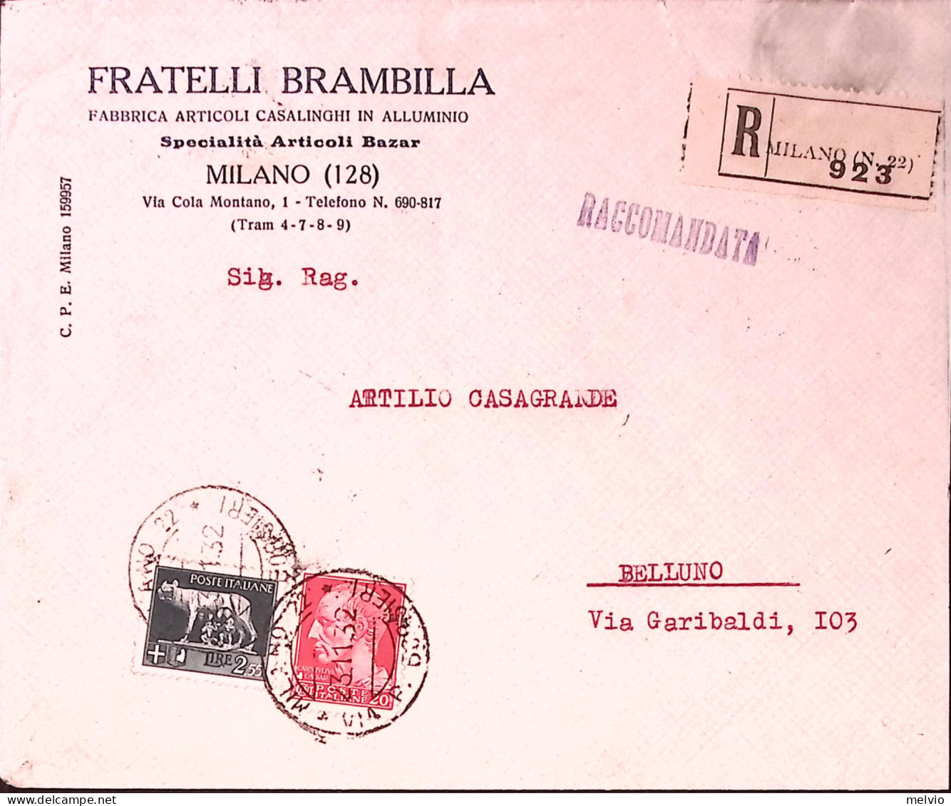 1932-Imperiale C.20 E Lire 2,55 (247+256) Su Raccomandata Milano (23.11) - Marcophilia