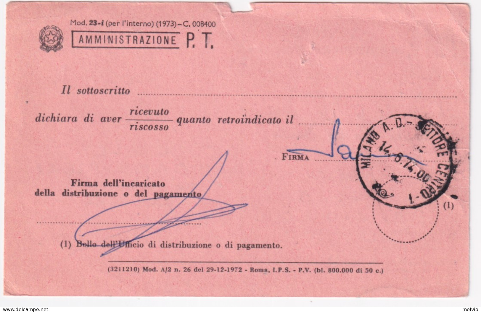 1974-Siracusana Lire 40 (1075) Isolato Su Avviso Ricevimento - 1971-80: Poststempel