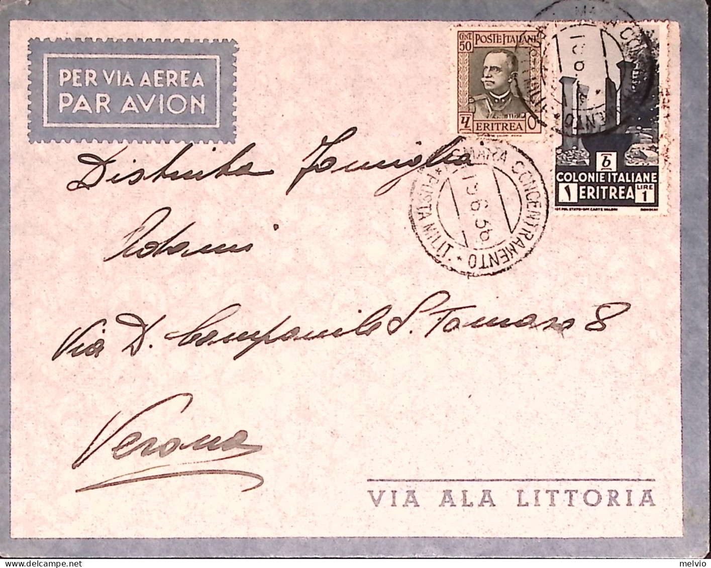 1936-AEROPORTO GURA/ERITREA Manoscritto Al Verso Di Busta Via Aerea Affr. Eritre - Erythrée