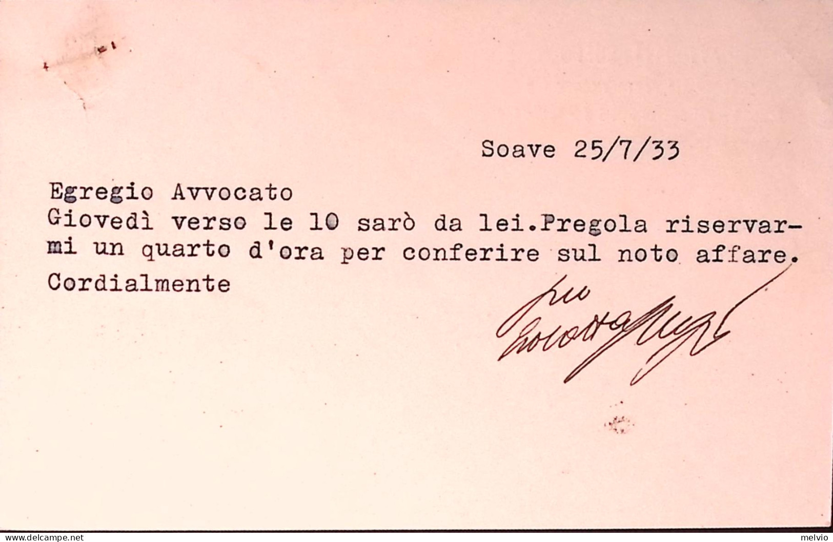 1933-X MARCIA C.30 Isolato Su Cartolina Soave (25.7) - Marcophilia