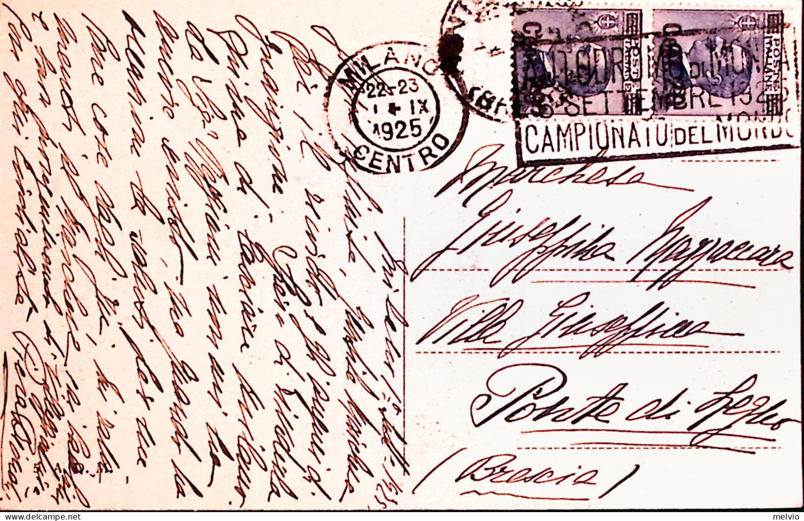 1925-Michetti Sopr.coppia C.20/c.25 Su Cartolina Milano (14.9) - Marcophilia