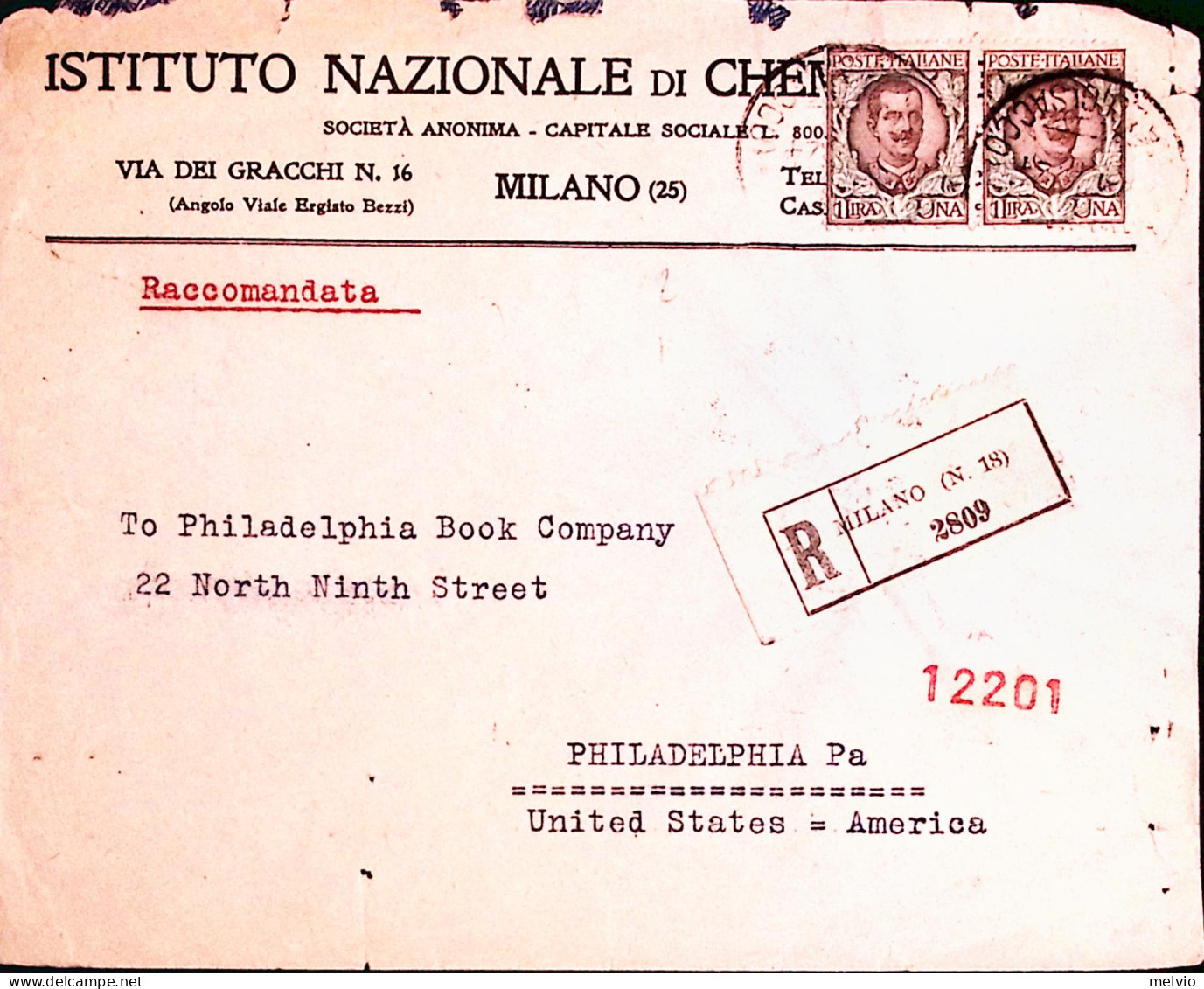 1924-Floreale Coppia Lire 1 Su Raccomandata Milano (2.5) Per Gli USA - Marcophilia