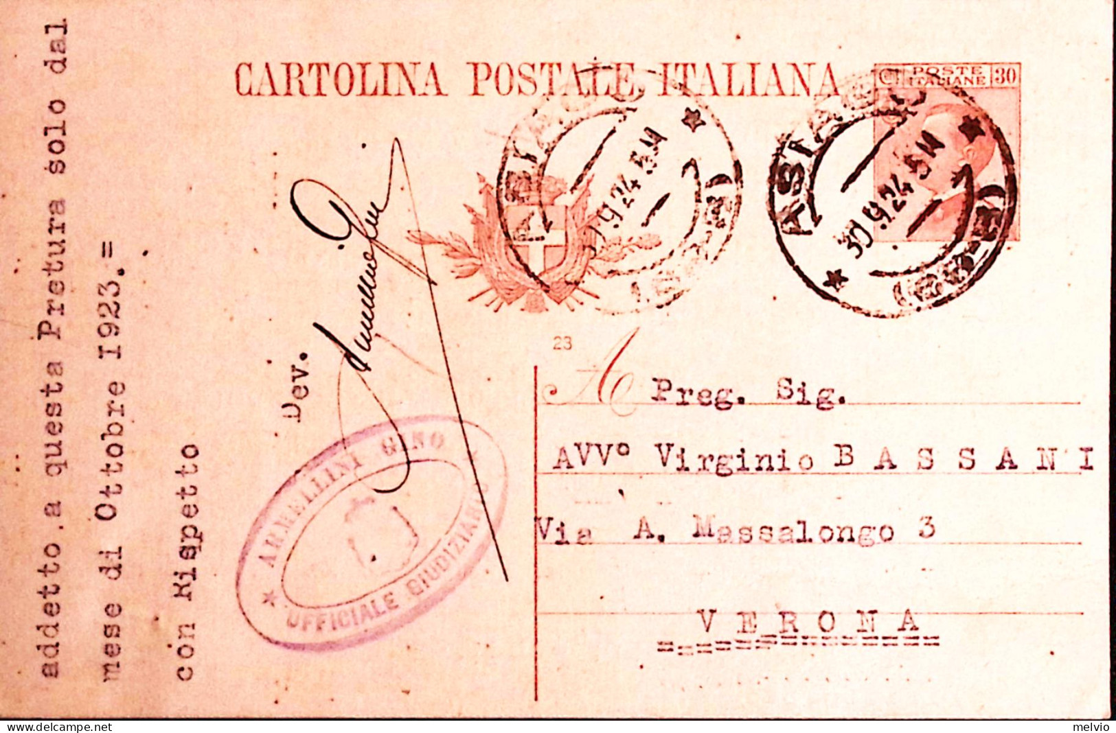 1924-Cartolina Postale Michetti C.30 Mill. 23 Asiago (30.9) Segni Di Spillo - Entero Postal