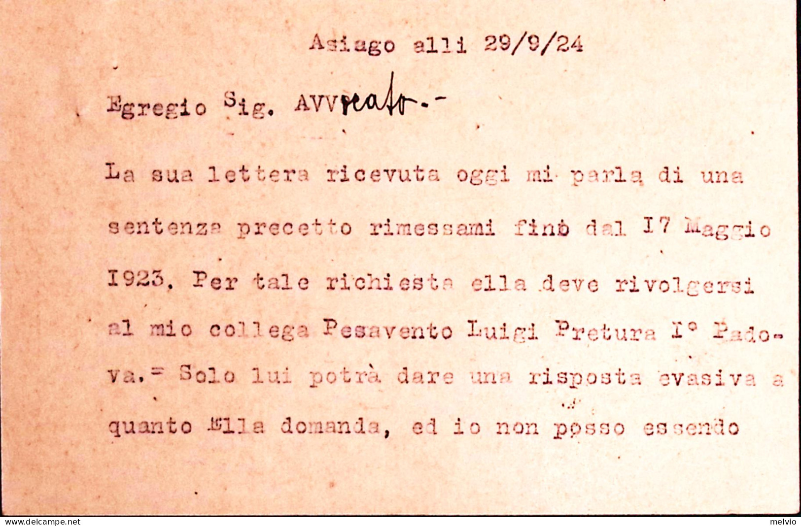 1924-Cartolina Postale Michetti C.30 Mill. 23 Asiago (30.9) Segni Di Spillo - Interi Postali