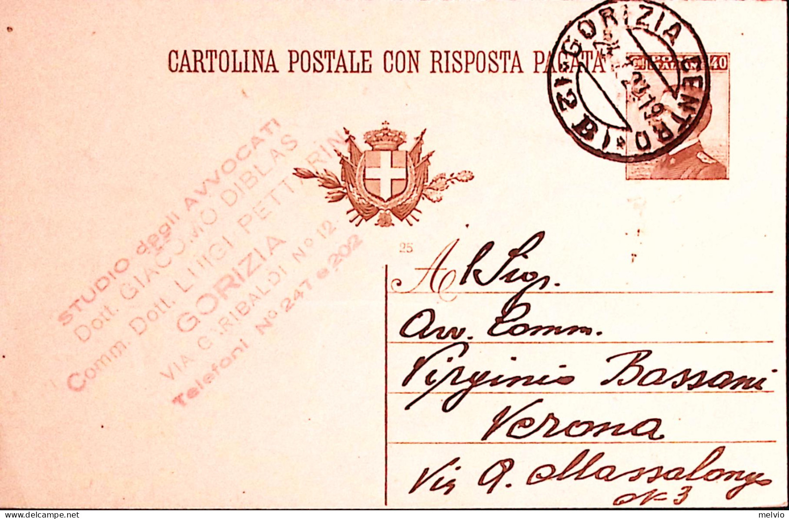1924-GORIZIA CENTRO/(2B) C.2 (23.7) Su Cartolina Postale RP Michetti C.40 Mill.  - Postwaardestukken