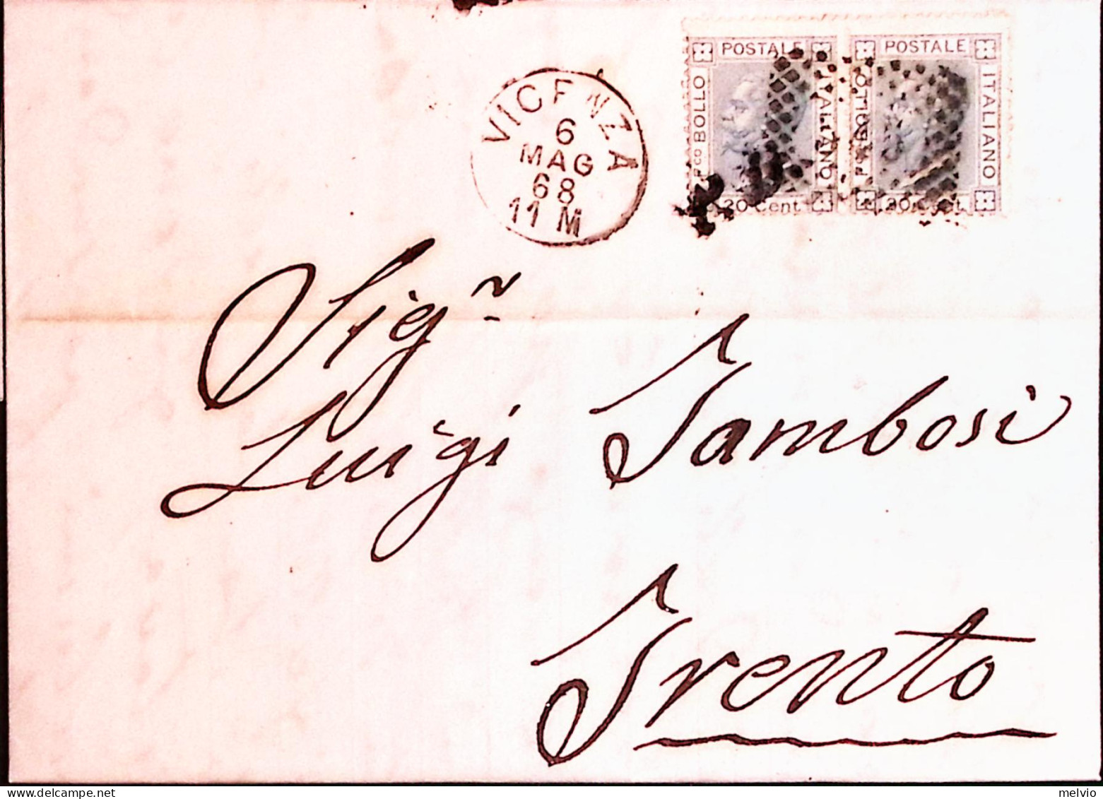 1868-VICENZA C1 + Punti (6.5) Su Lettera Completa Testo Affrancata Effigie Coppi - Marcofilía