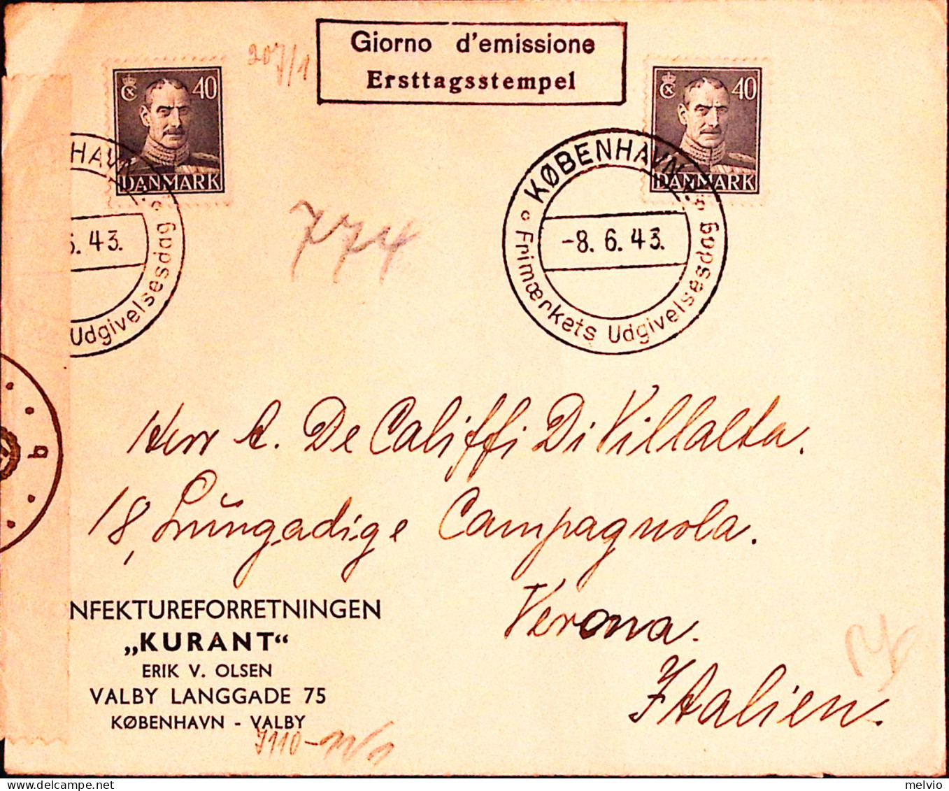 1943-Danimarca Cristiano X Due O.40 Su Busta Copenaghen (8.6 Fdc) Per L'Italia - Andere & Zonder Classificatie