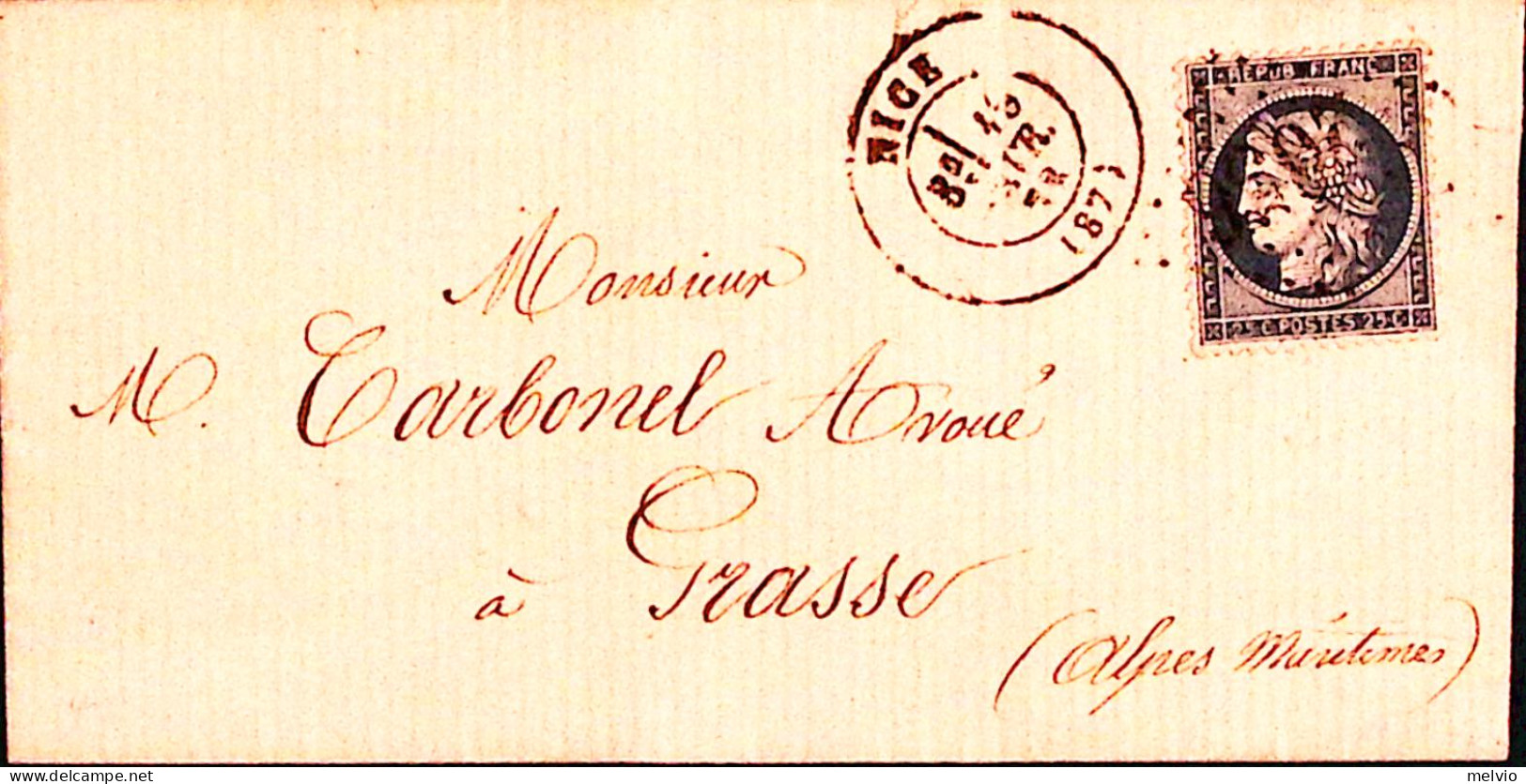 1873-Francia Cerere C.25 I Tipo Isolato Su Lettera Completa Testo Nizza (16.2) - 1871-1875 Cérès