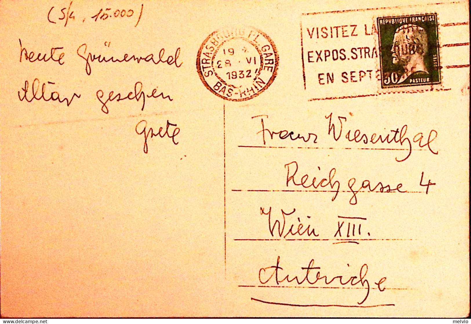 1928-Francia Pasteur C.25 Su Cartolina Viaggiata Strasburgo (28.6) Per L'Austria - 1921-1960: Modern Period