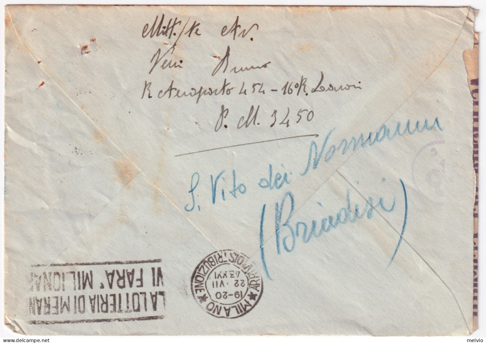 1943-R.AEROPORTO 454 Manoscritto Al Verso Di Busta PM N. 167 (19.7) - Marcofilía